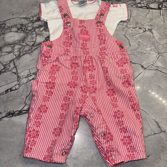Vintage Oshkosh Baby Girl 3-6 Months Pink Floral Overall Outfit Set